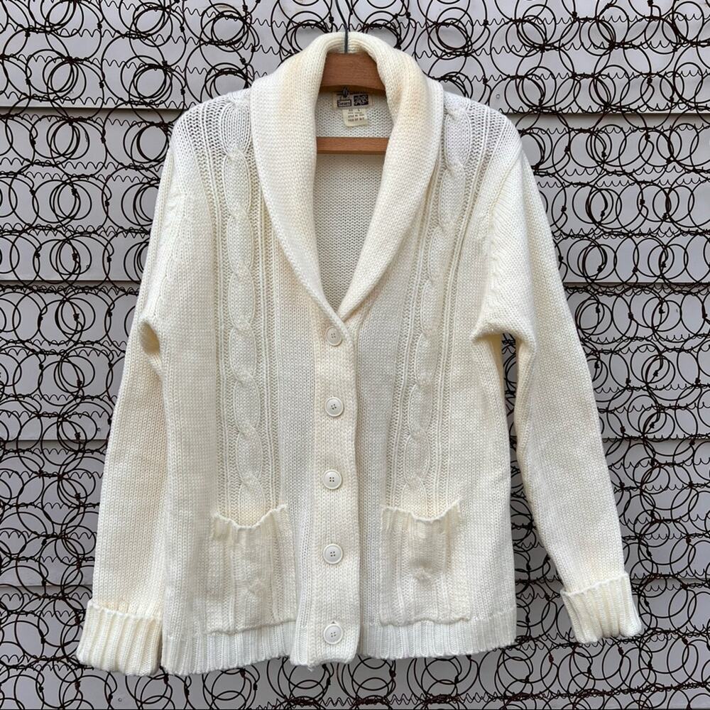 VTG 70s Sears The Fashion Place cream knit cowl collar cardigan sweater LARGE